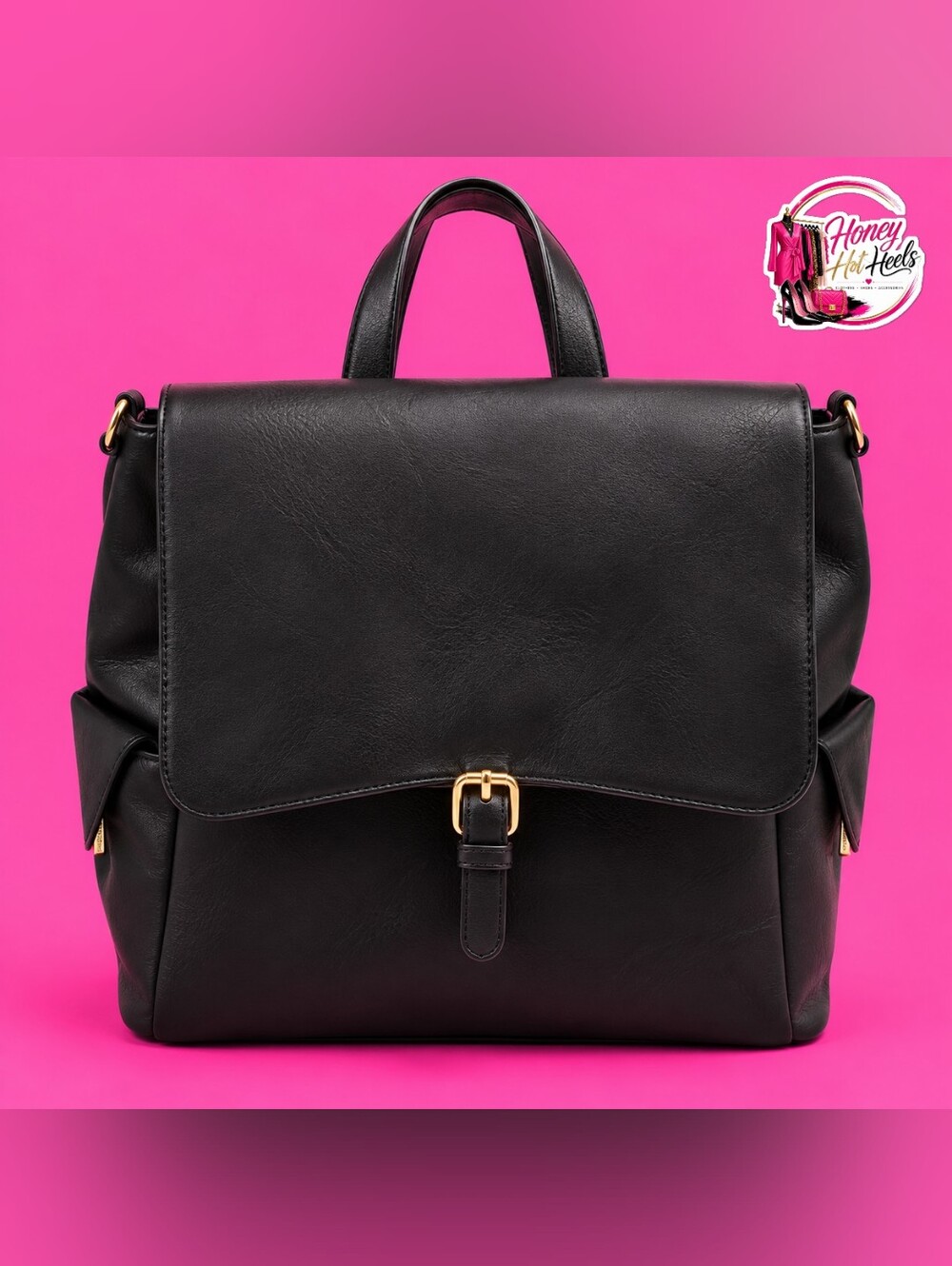 Classic Black Faux Leather Backpack Handbag - Gold Hardware